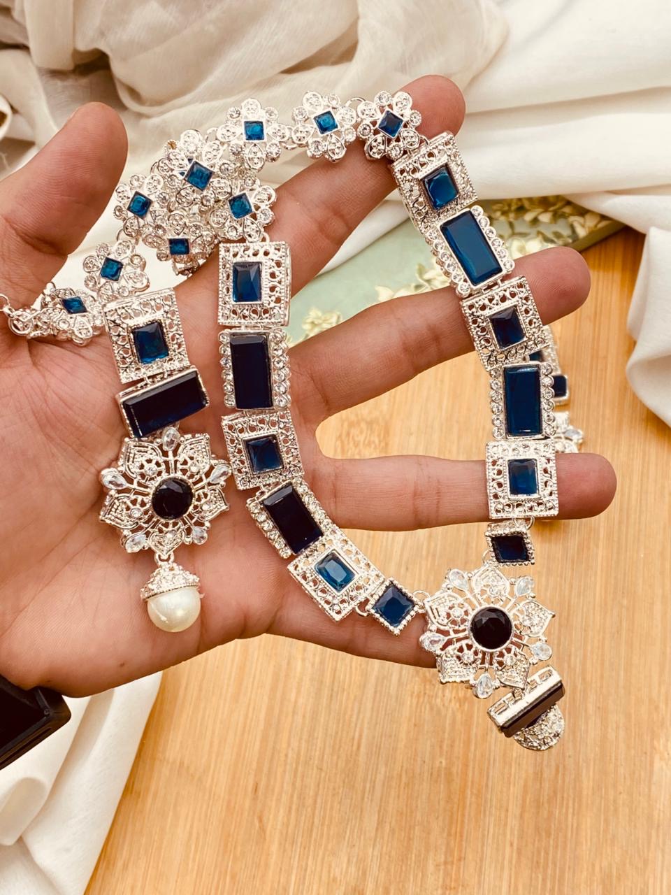 Silver Star Fancy Mala Set with Earring NJ-1557-Silver