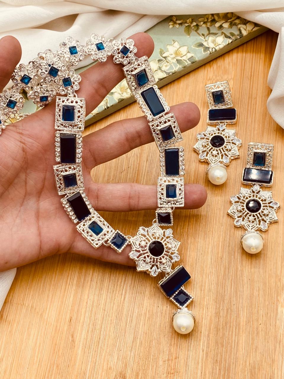 Silver Star Fancy Mala Set with Earring NJ-1557-Silver