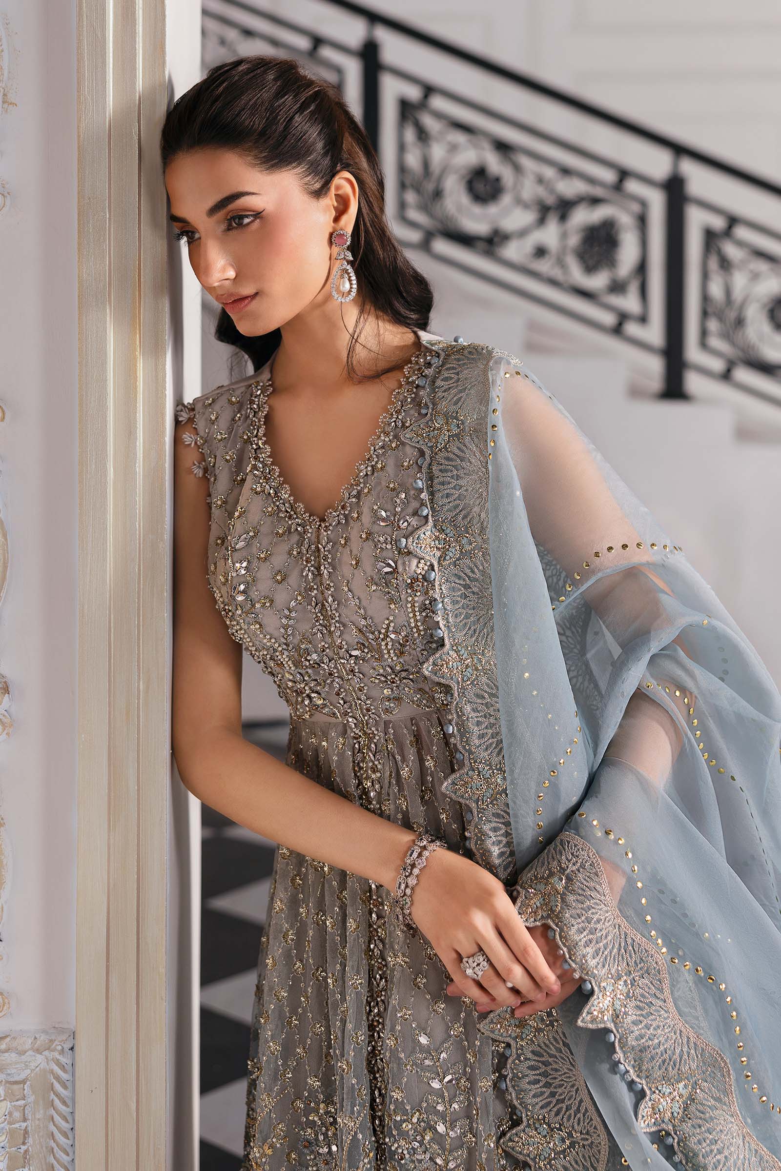 Piece Unstitched Embroidered Net Suit | BD-3002 coffe to aqua