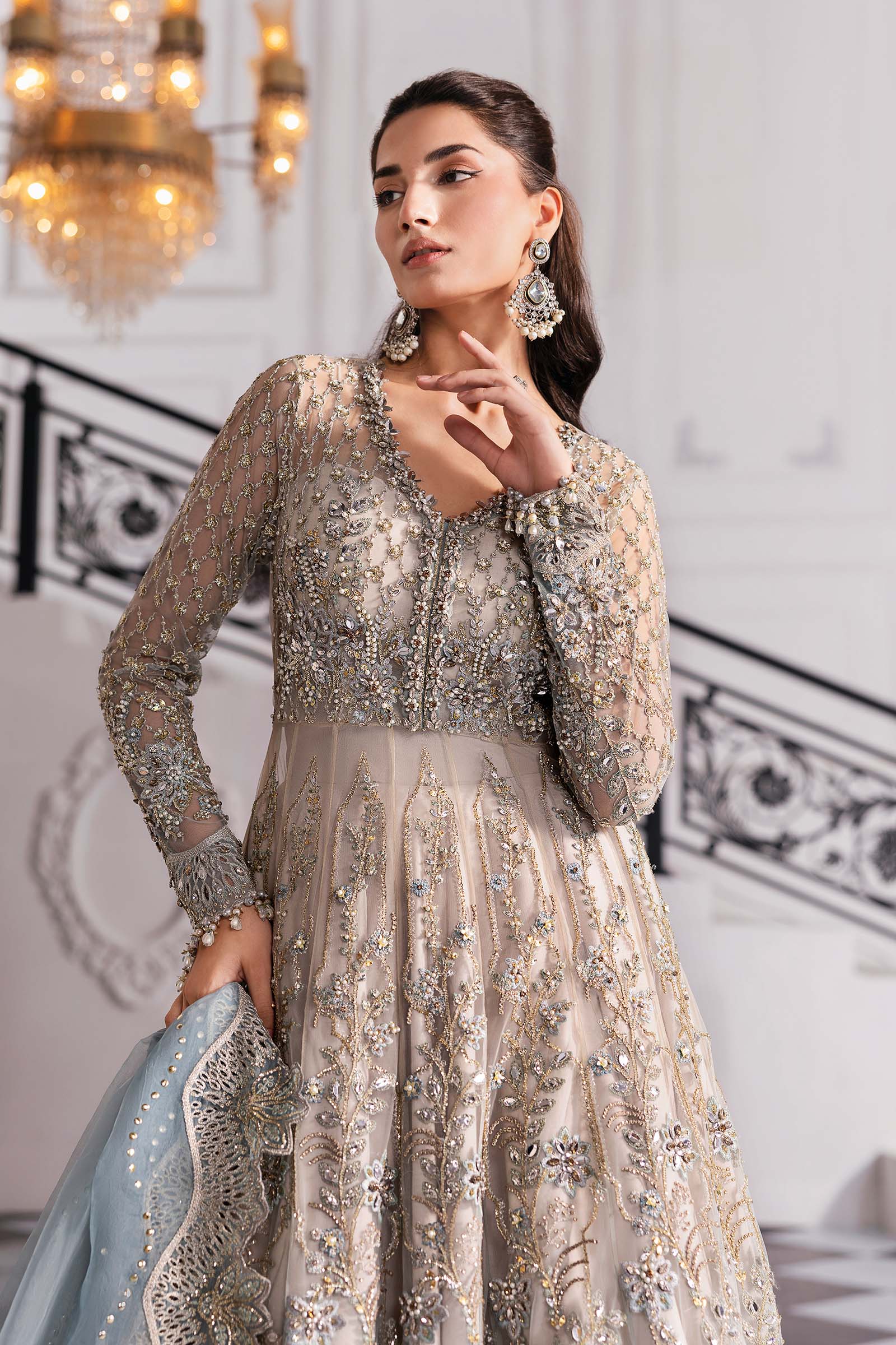 Piece Unstitched Embroidered Net Suit | BD-3002 coffe to aqua