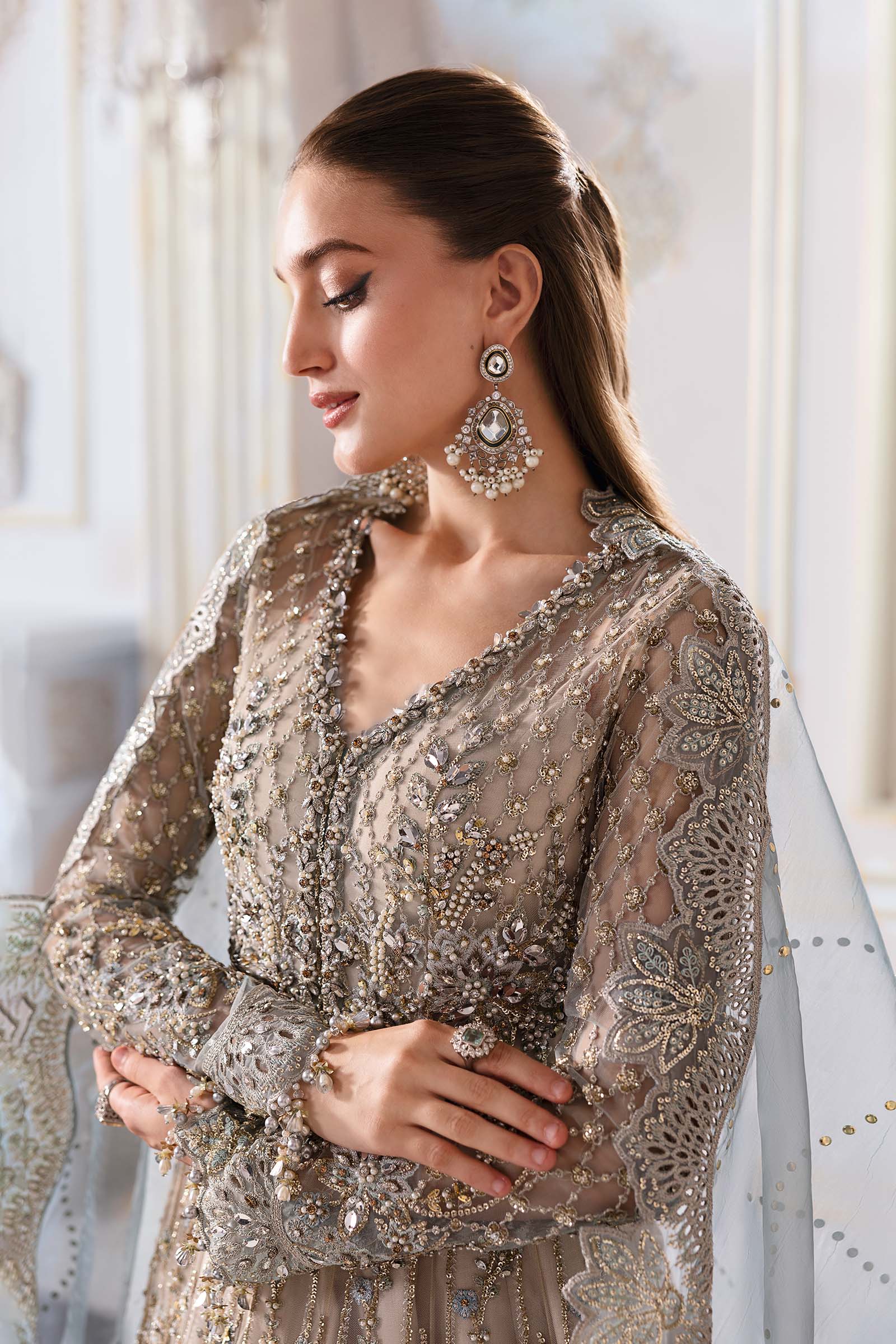 Piece Unstitched Embroidered Net Suit | BD-3002 coffe to aqua