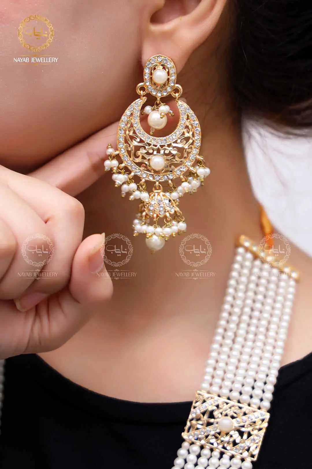 High Quality Mughlai Pearl Mala Set wit Earring NJ-1167