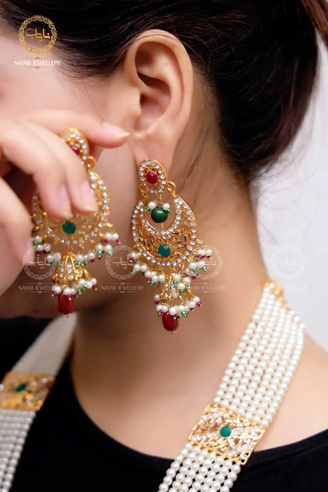 High Quality Mughlai Pearl Mala Set wit Earring NJ-1167