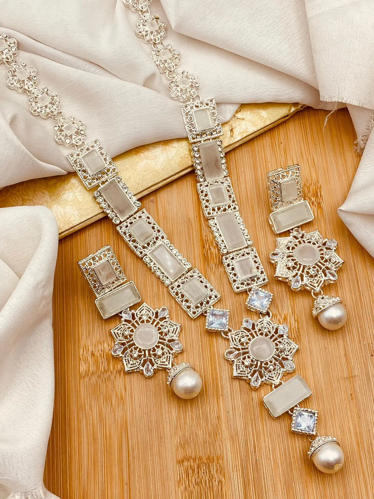 Silver Star Fancy Mala Set with Earring NJ-1557-Silver