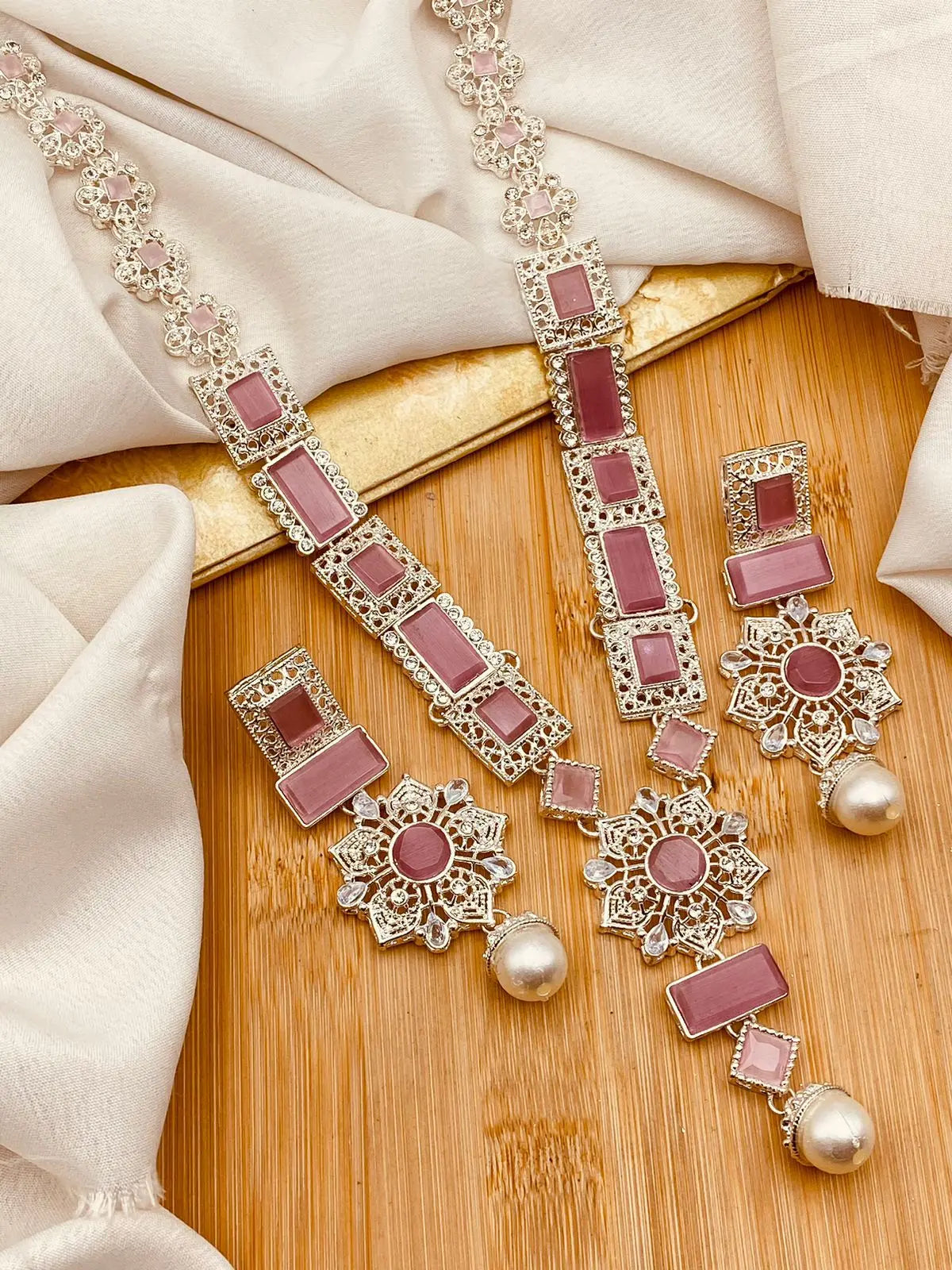 Silver Star Fancy Mala Set with Earring NJ-1557-Silver