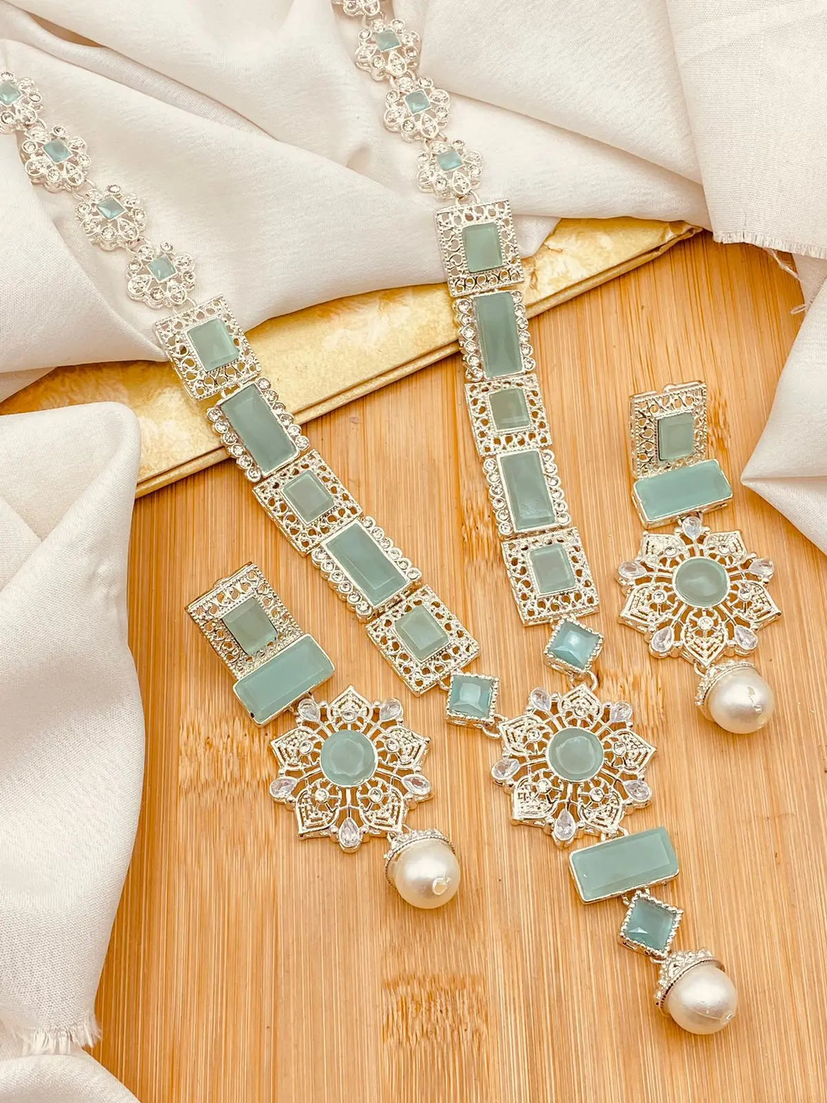 Silver Star Fancy Mala Set with Earring NJ-1557-Silver